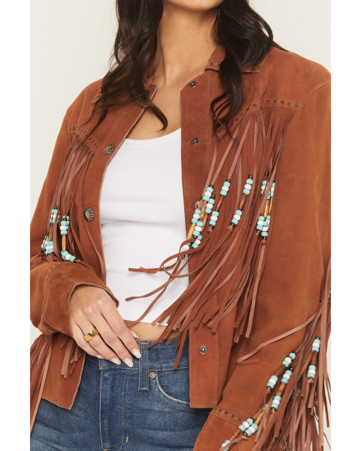 Image #3 - Cripple Creek Women's Amberglow Hand Laced Snap Front Suede Jacket, Brown, hi-res