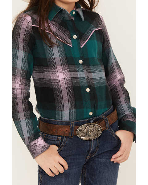 Wrangler Girls' Plaid Print Long Sleeve Snap Western Shirt, Teal, hi-res