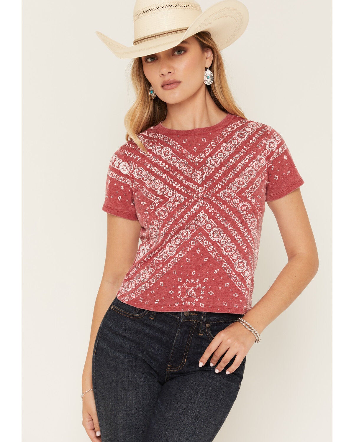 Blended Women's Bandana Print Short Sleeve Graphic Tee, Red, hi-res