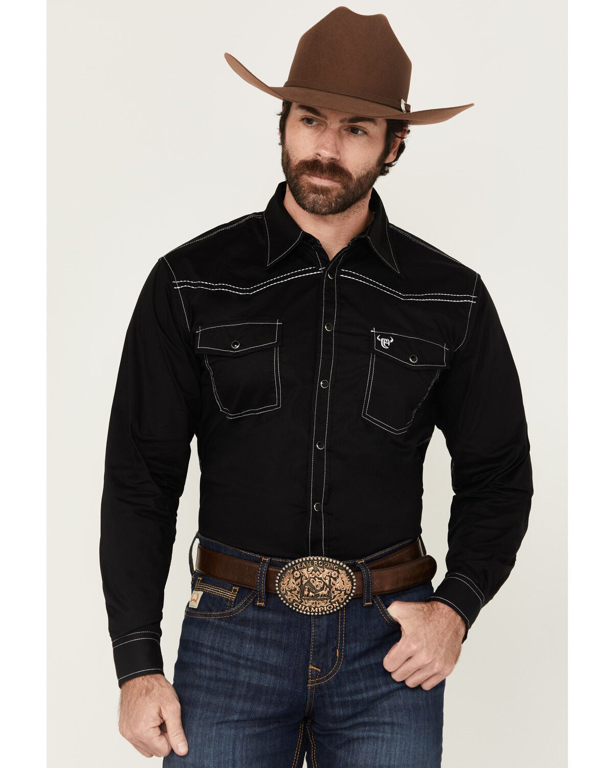 Cowboy Hardware Men's Hecho en Mexico Solid Long Sleeve Snap Western Shirt, Black, hi-res