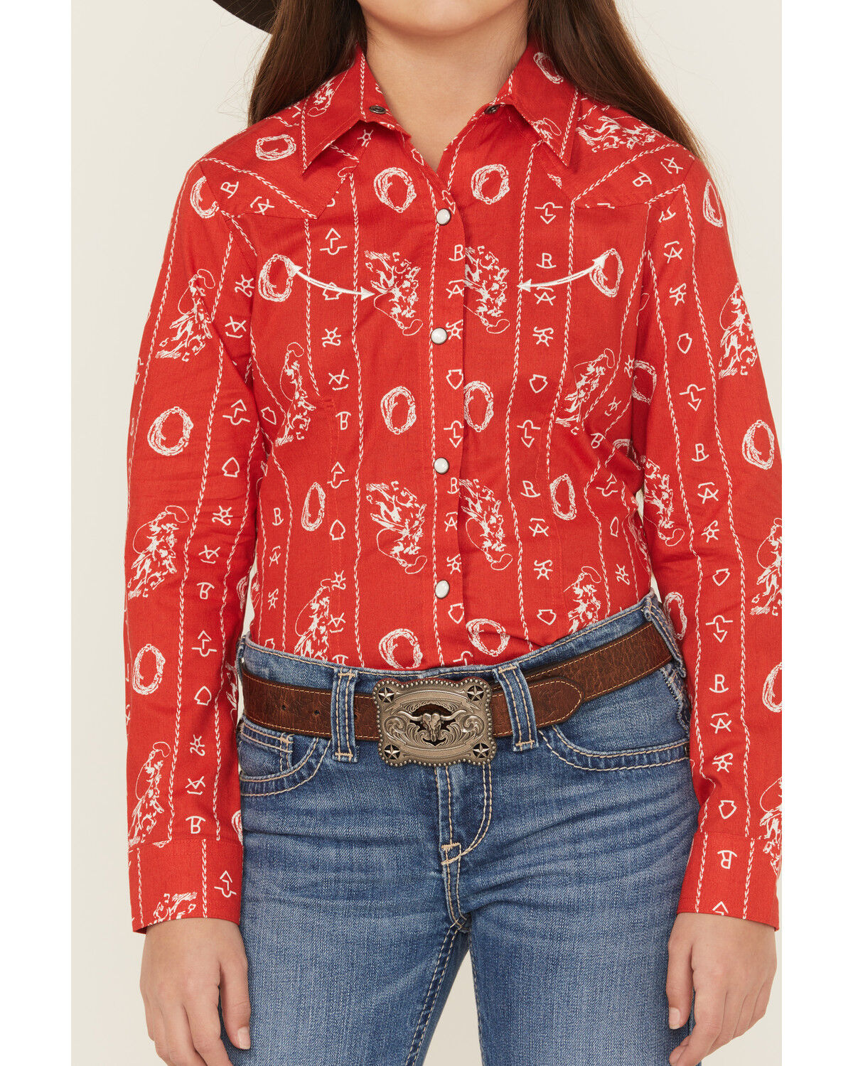 Image #2 - Cruel Girl Girls' Printed Long Sleeve Pearl Snap Western Shirt, Red, hi-res
