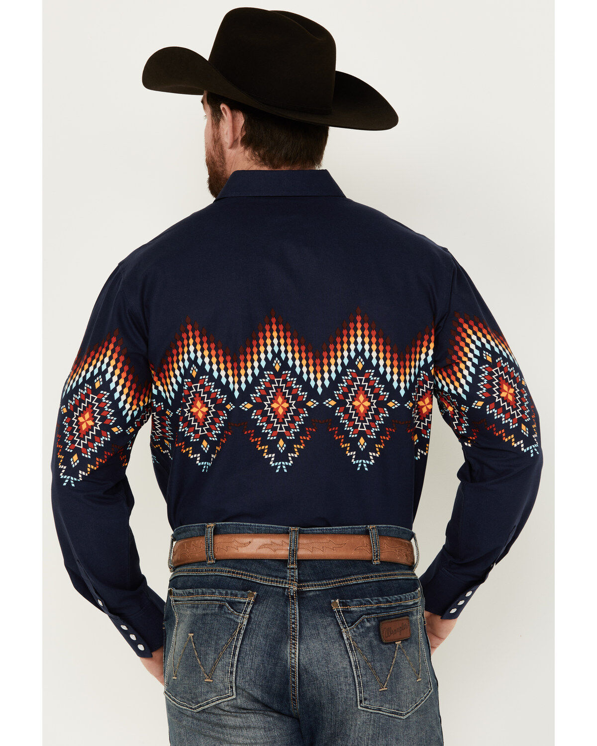 Image #4 - Panhandle Men's Southwestern Border Print Long Sleeve Pearl Snap Western Shirt, Navy, hi-res