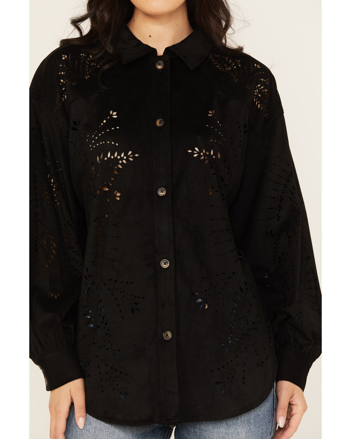 Image #3 - Shyanne Women's Faux Suede Laser Cutout Shacket, Black, hi-res