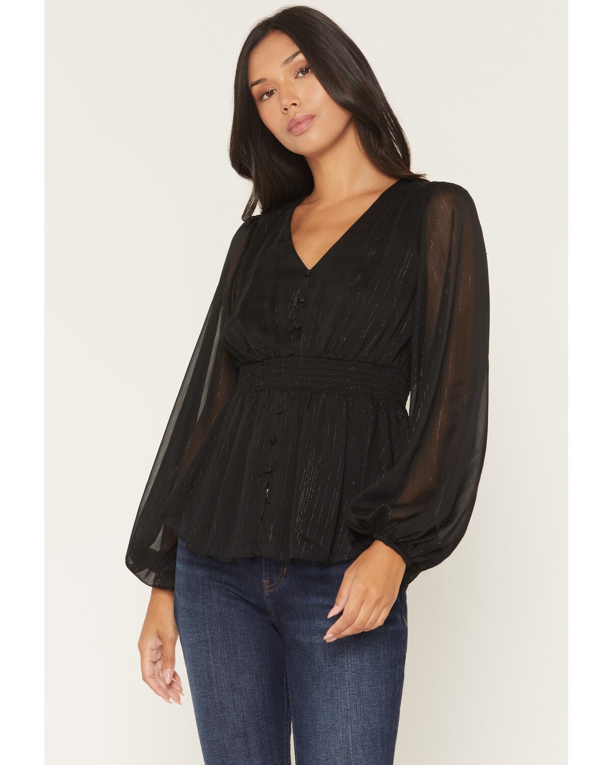 Shyanne Women's Pratt Faux Button-Down Long Sleeve Lurex Top, Black, hi-res