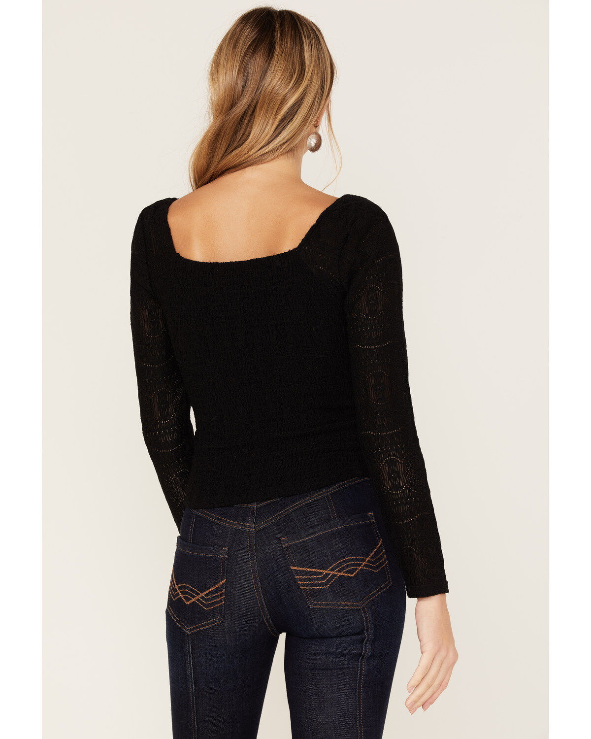 Image #4 - Idyllwind Women's Smocked Lace Long Sleeve Top, Black, hi-res