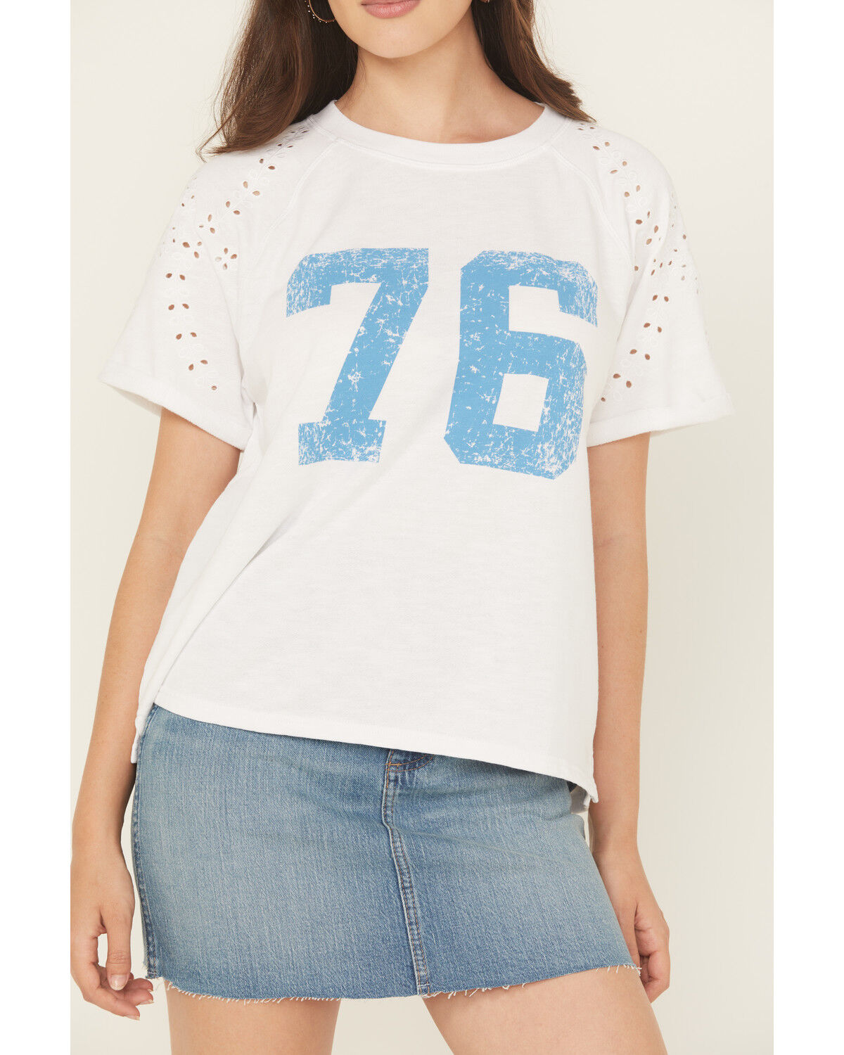 Image #3 - Blended Women's Eyelet Embroidered Short Sleeve Graphic Tee, White, hi-res