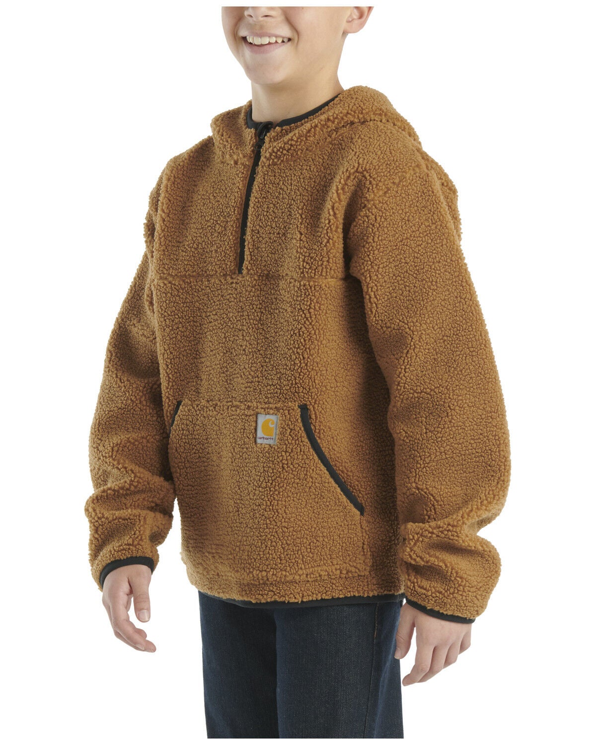 Carhartt Little Boys' Half Zip Sherpa Hooded Pullover, Brown, hi-res