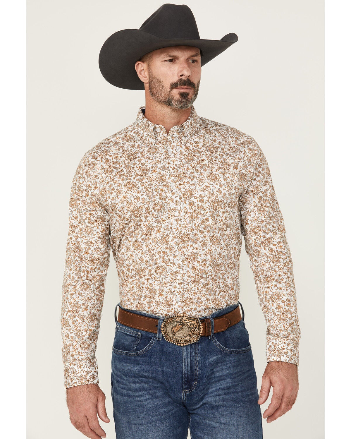 Cody James Men's Waylen Floral Print Long Sleeve Button-Down Stretch Western Shirt, Brown, hi-res