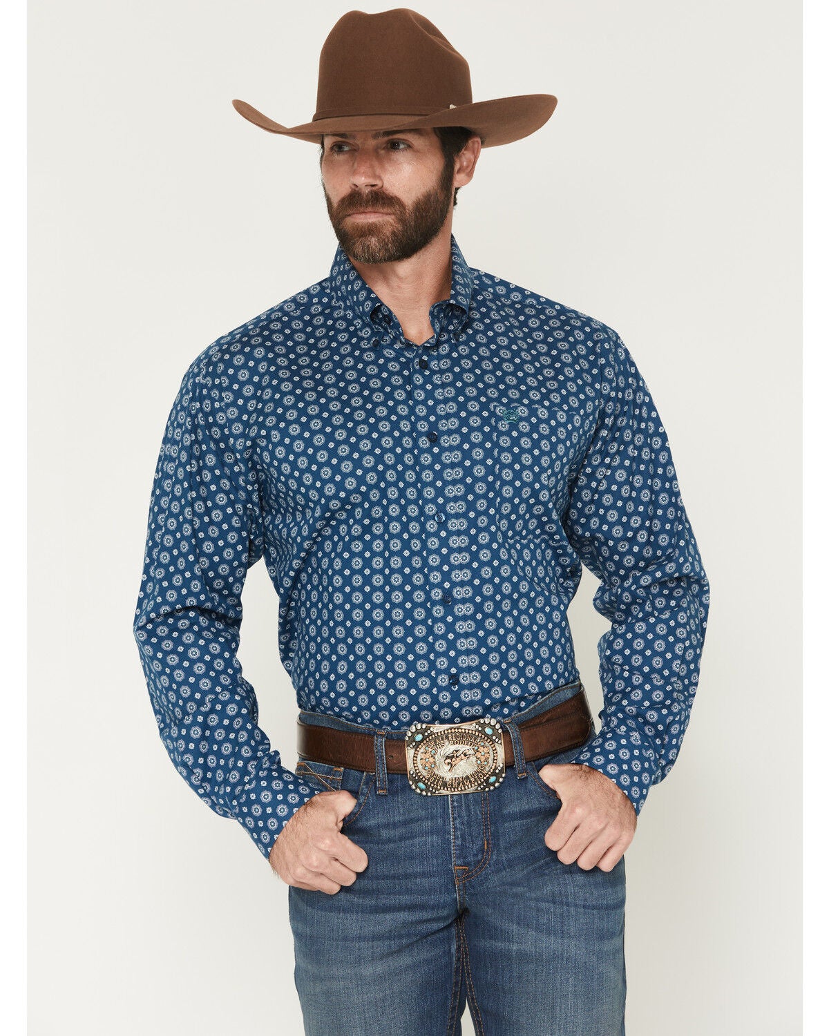 Image #1 - Cinch Men's Floral Geo Print Long Sleeve Button-Down Western Stretch Shirt, Blue, hi-res