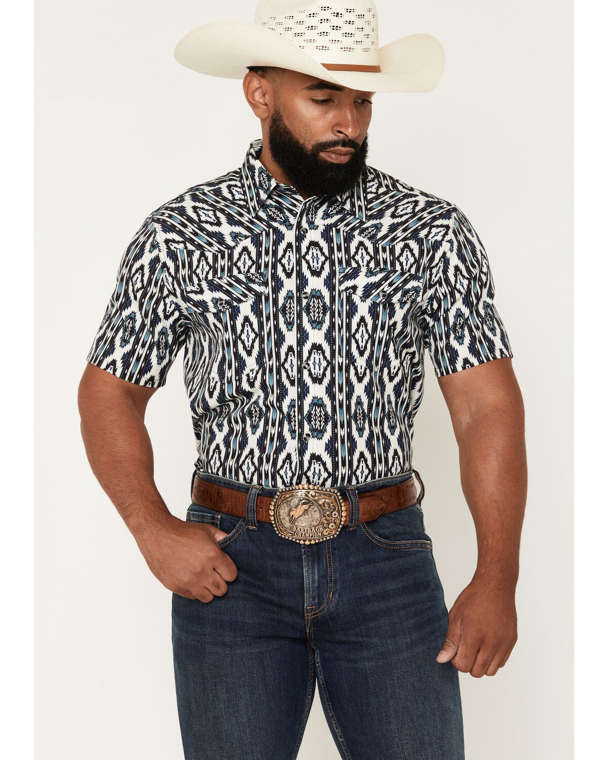 Image #1 - RANK 45&reg; Men's Rodeo Tech 2.0 8 Seconds Southwestern Print Short Sleeve Snap Stretch Performance Shirt, Blue, hi-res