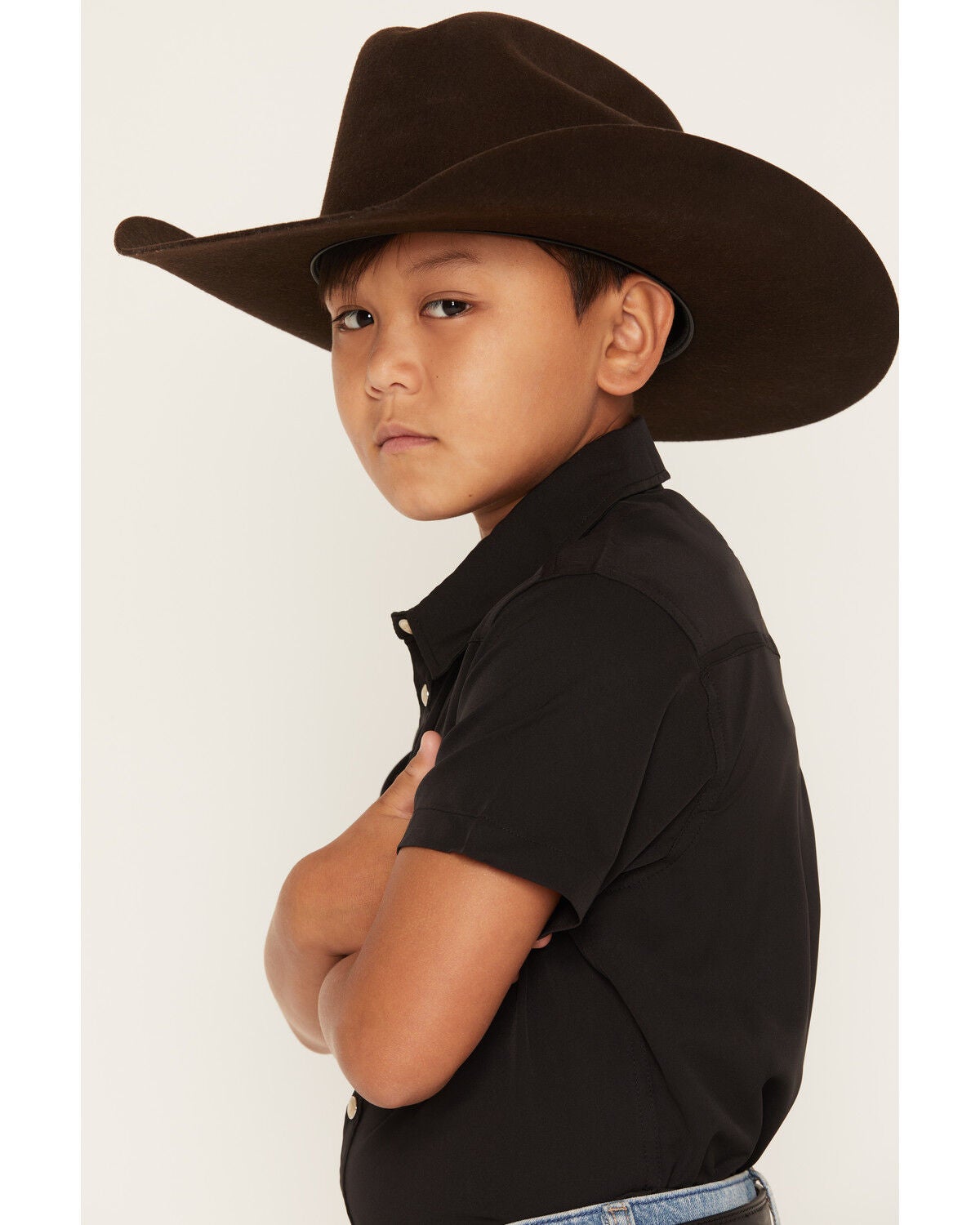 Image #2 - Burlebo Boys' Solid Short Sleeve Button-Down Stretch Performance Western Shirt, Black, hi-res
