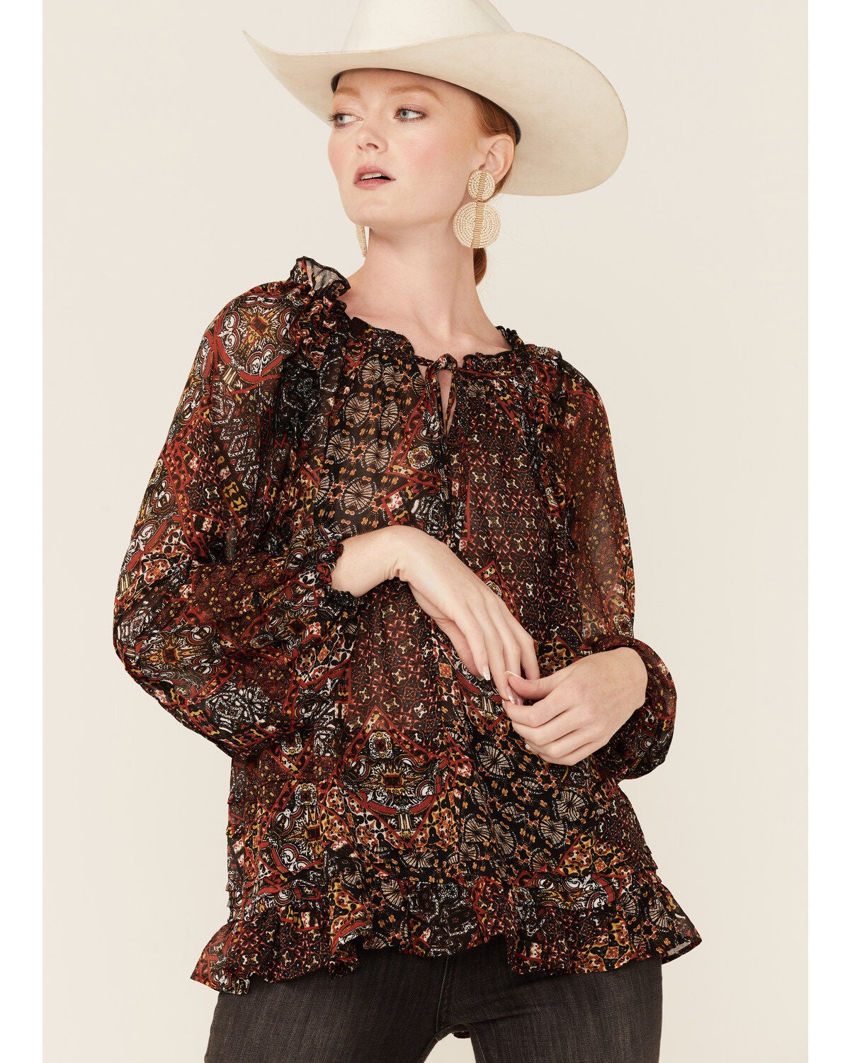 Miss Me Women's Boho Paisley Peasant Top, Black, hi-res