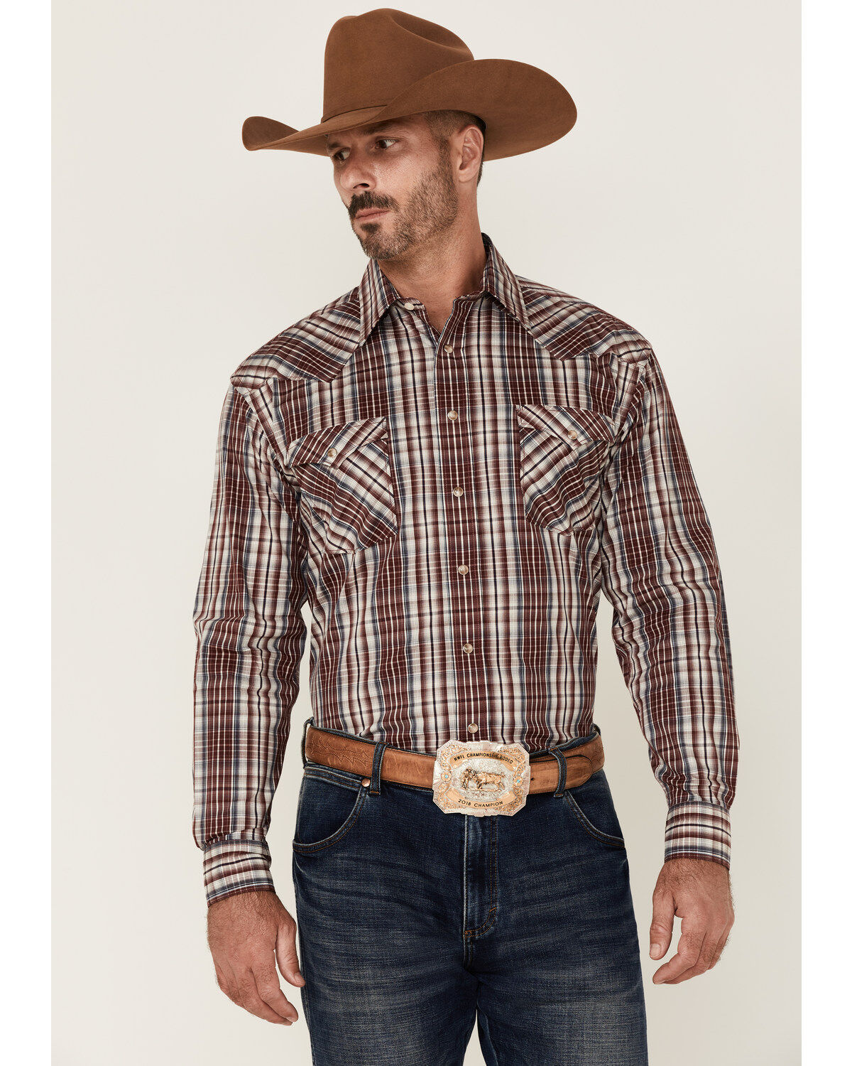 Image #1 - Rough Stock By Panhandle Men's Ombre Plaid Print Long Sleeve Pearl Snap Western Shirt, Maroon, hi-res