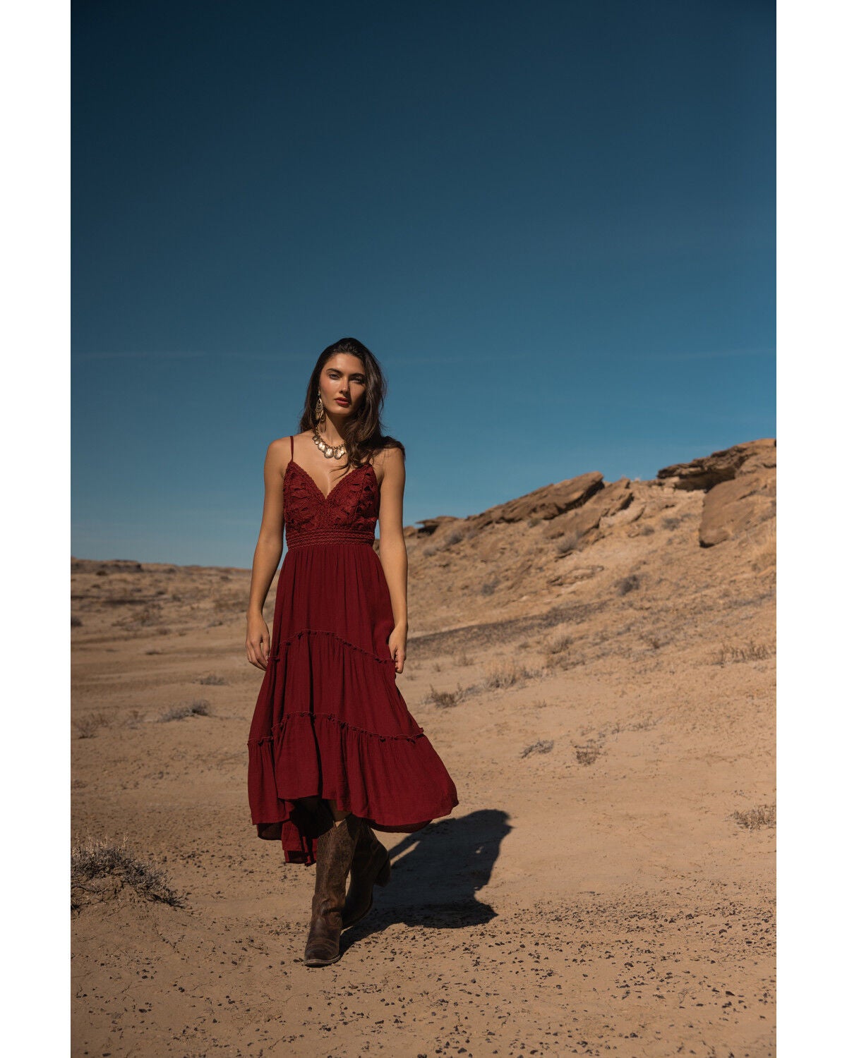 Shyanne Women's Aerie Crochet Front High-Low Midi Dress, Burgundy, hi-res