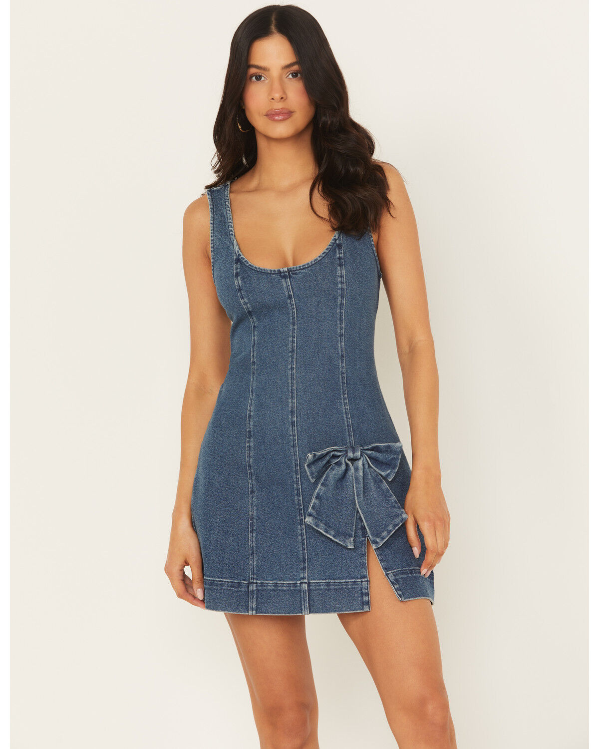 Image #1 - Show Me Your Mumu Women's Bridgeport Sleeveless Bow Denim Mini Dress, Dark Wash, hi-res