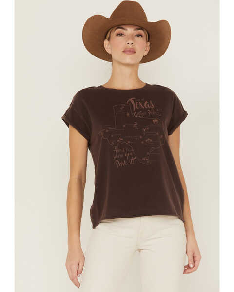 Cleo + Wolf Women's Texas Map Rolled Sleeve Graphic Tee , Dark Brown, hi-res