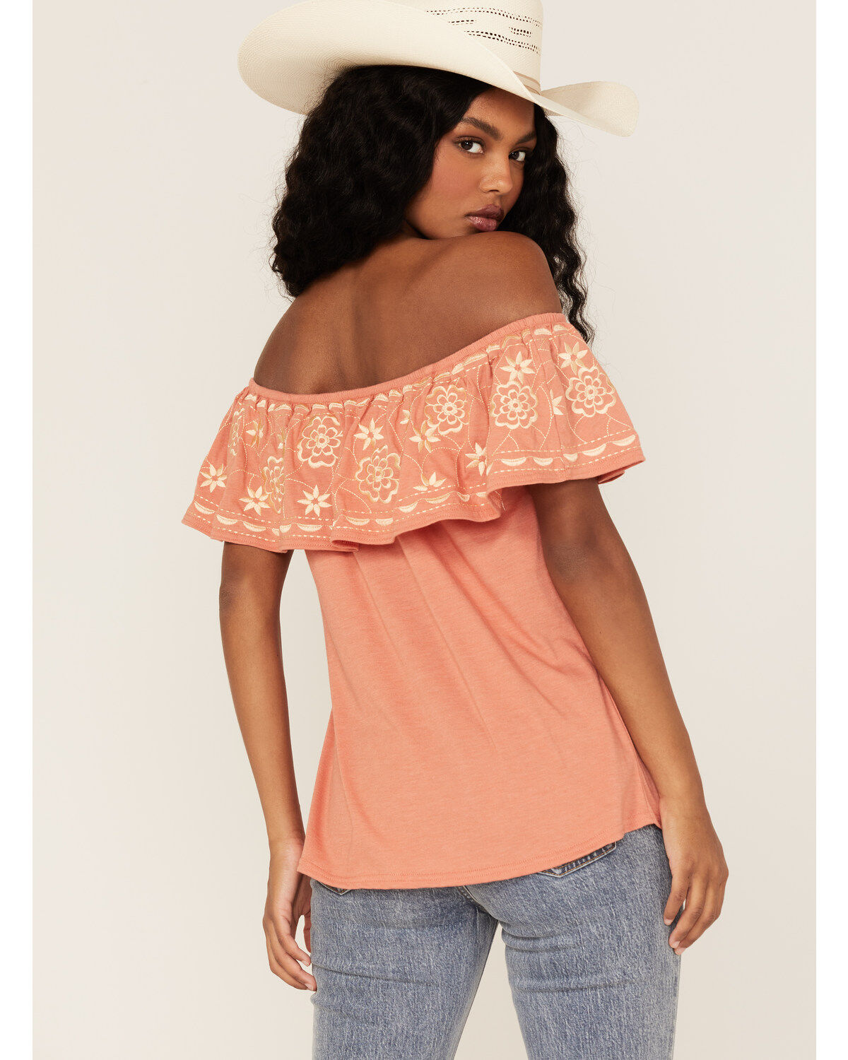 Image #4 - Panhandle Women's Embroidered Flounce Off Shoulder Top, Orange, hi-res