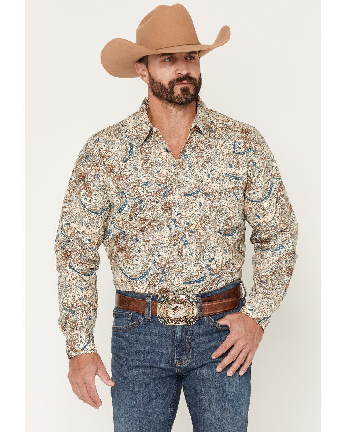 Gibson Trading Co Men's No Vacancy Paisley Print Long Sleeve Snap Western Shirt, Cream, hi-res