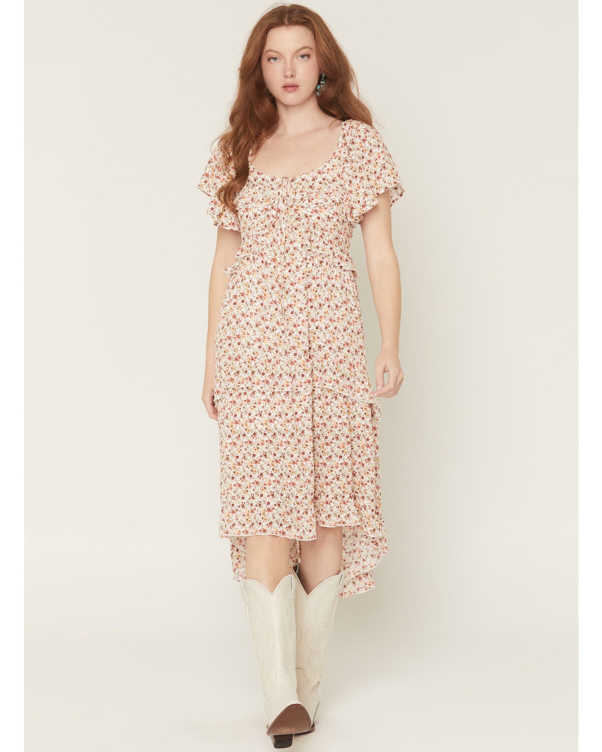 Wild Moss Women's Floral Print Ruffle Tiered High-Low Midi Dress, Multi, hi-res