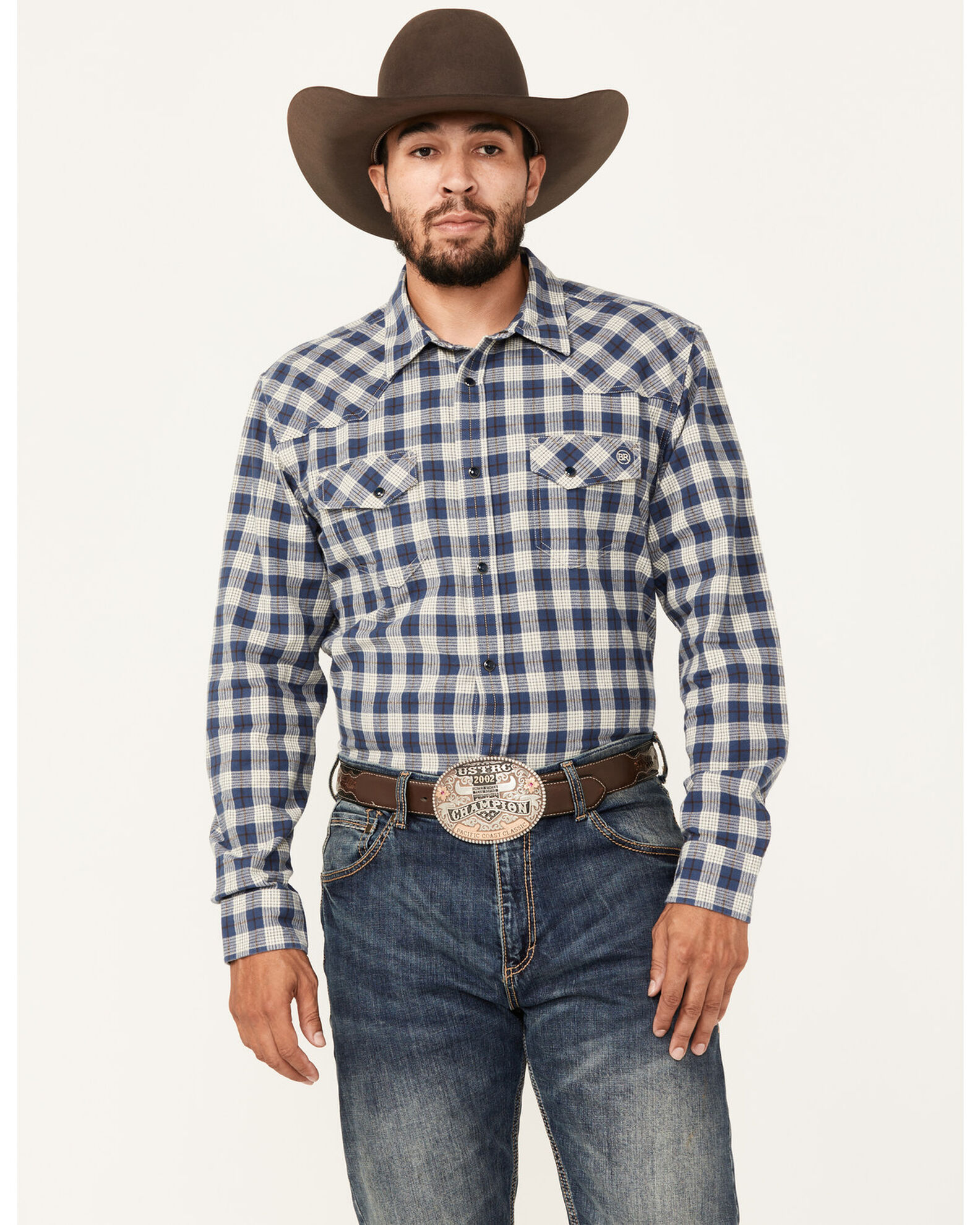 Blue Ranchwear Men's Crossville Herringbone Checkered Print Long Sleeve Snap Work Shirt