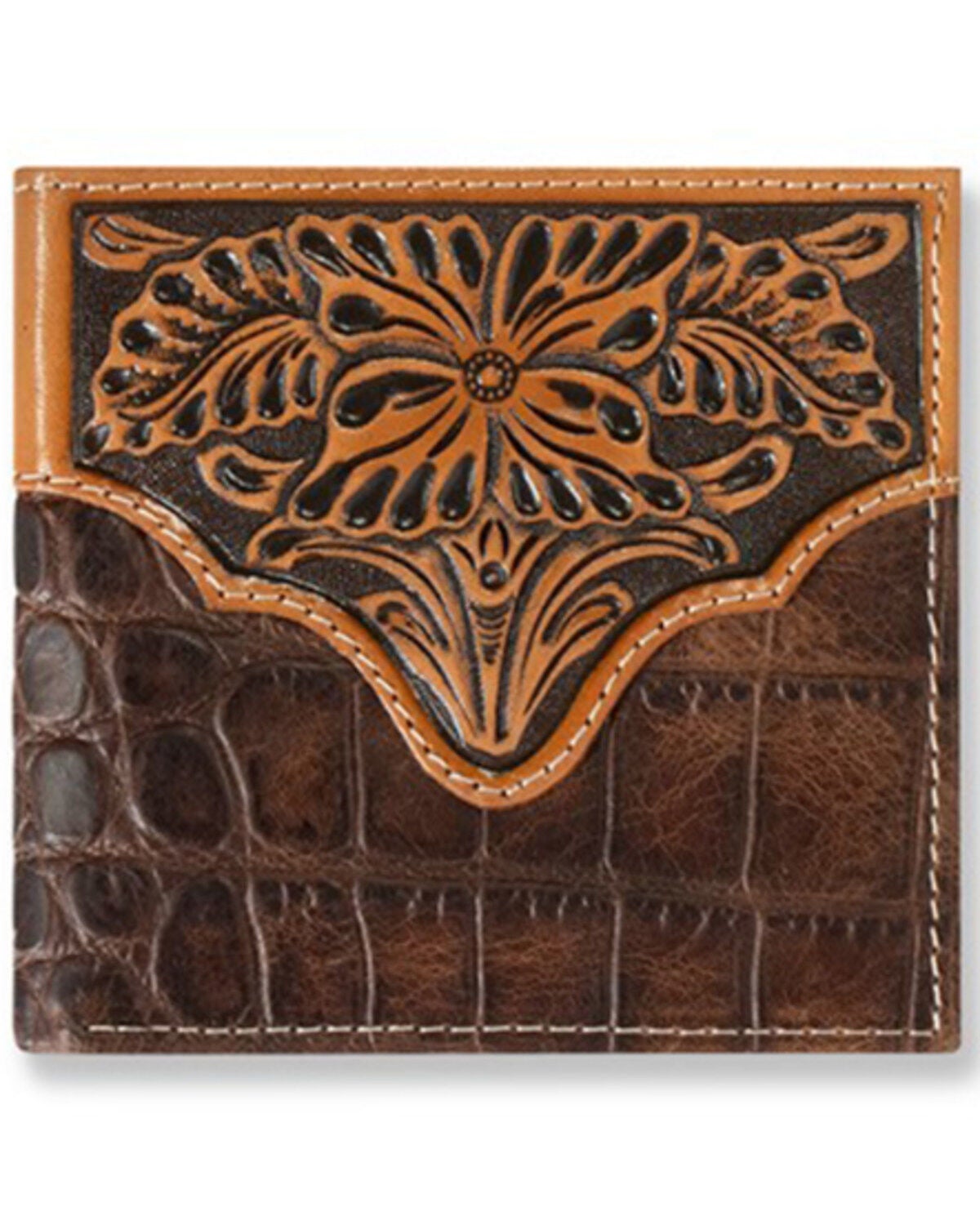 Ariat Men's Bi-Fold Croc Floral Embossed Wallet, Brown, hi-res
