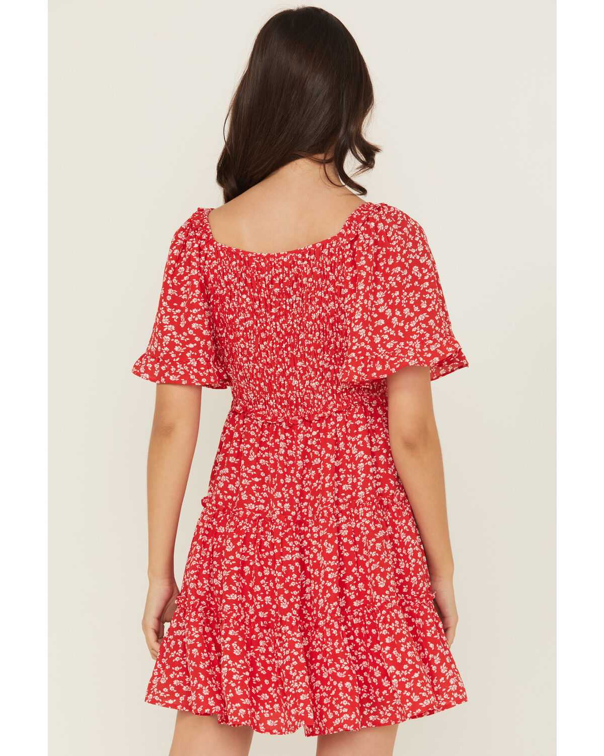 Image #4 - Yura Women's Floral Print Tiered Mini Dress, Red, hi-res