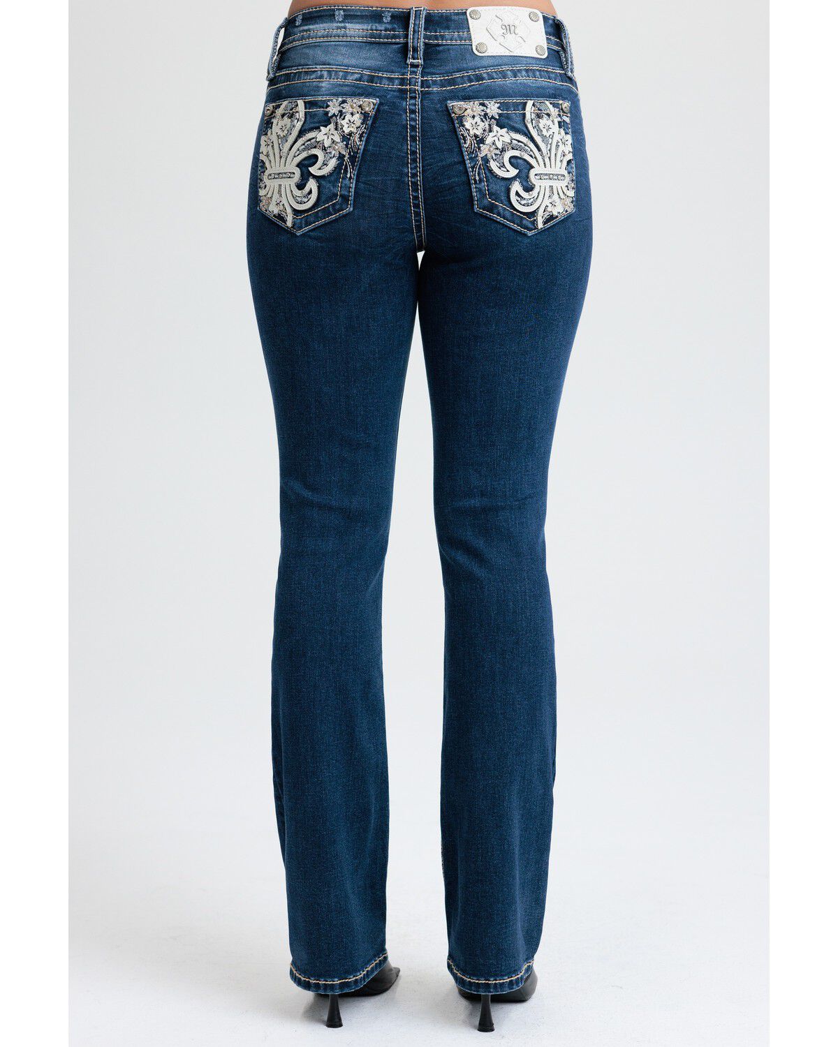 Miss Me Women's Dark Wash Mid Rise Fleur de Lis 32" Bootcut Stretch Denim Jeans, Dark Wash, hi-res