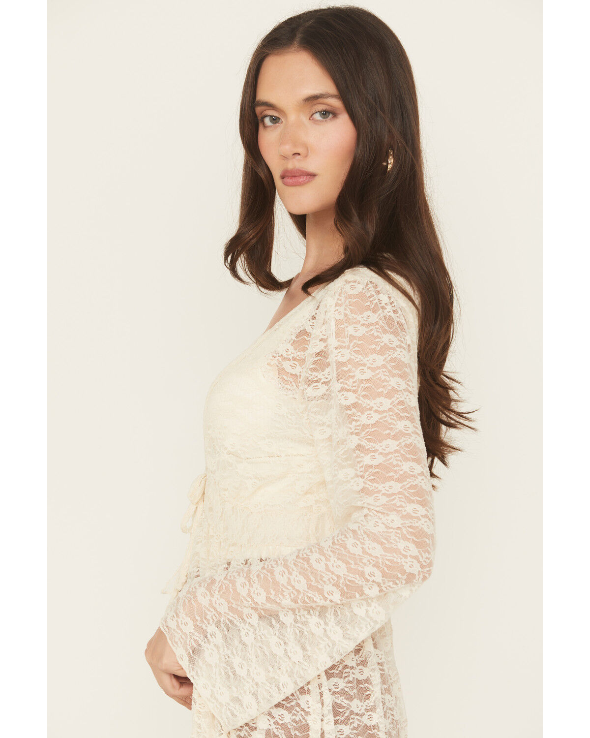 Image #2 - Originality Women's Lace Bell Sleeve Tie Kimono, Cream, hi-res