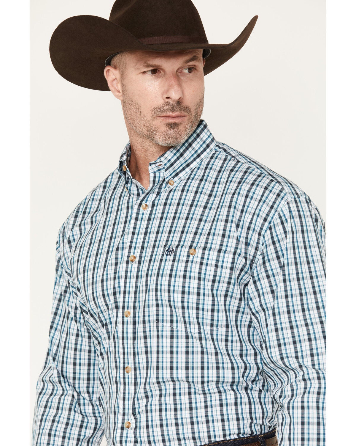 Image #2 - Wrangler Men's Plaid Print Long Sleeve Button-Down Western Shirt, Teal, hi-res