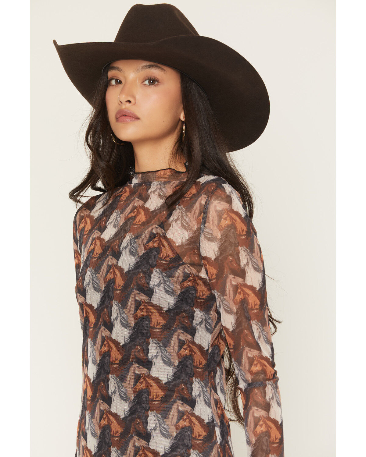 Image #2 - Rock & Roll Denim Women's Horse Print Long Sleeve Mesh Mini Dress, Black, hi-res
