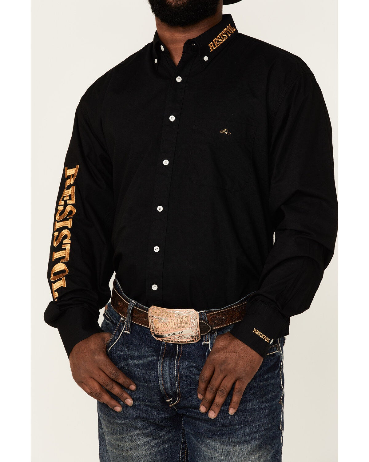 black long sleeve top with gold buttons