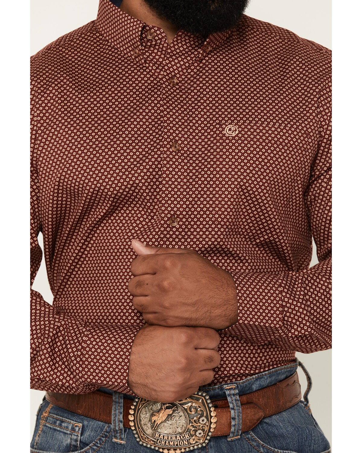 Image #3 - Cody James Men's NFR Geo Print Long Sleeve Button-Down Stretch Western Shirt, Burgundy, hi-res