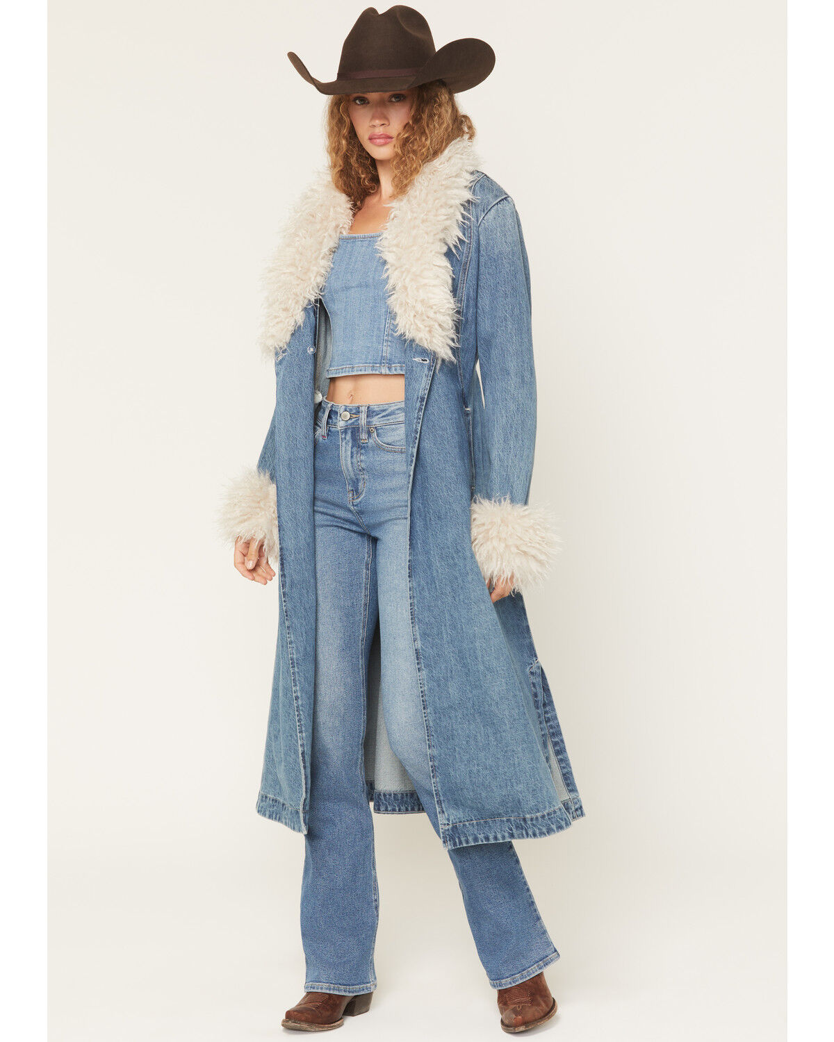 Image #1 - Idyllwind Women's Thistle Long Denim Fur Collar Trench Coat, Dark Wash, hi-res