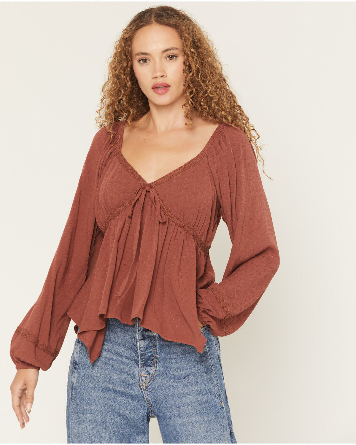 Image #1 - Wild Moss Women's Solid Long Sleeve Hanky Hem Top, Rust Copper, hi-res