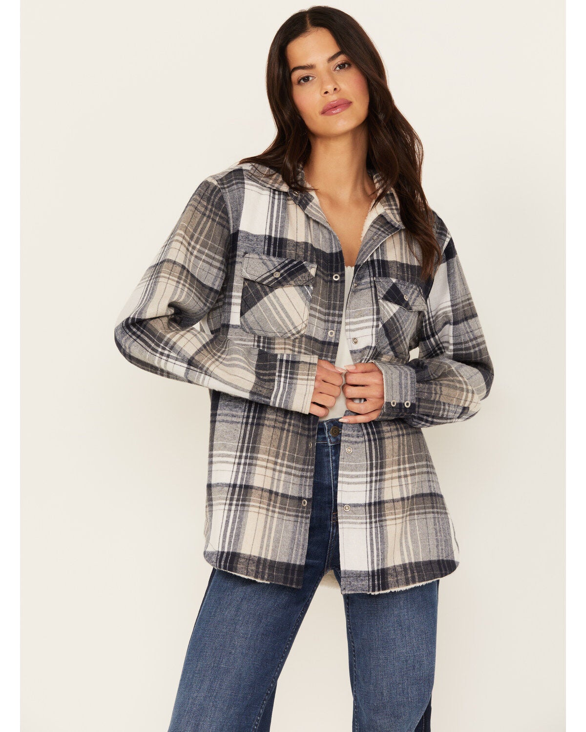 Pacific Teaze Women's Plaid Print Sherpa Lined Shacket, Navy, hi-res