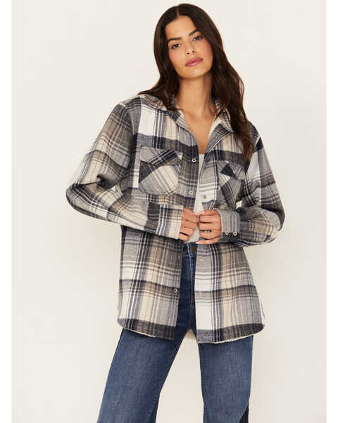 Pacific Teaze Women's Plaid Print Sherpa Lined Shacket , Navy, hi-res