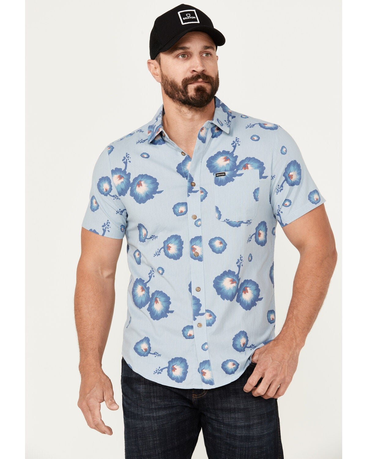 Brixton Men's Charter Floral Print Short Sleeve Button-Down Shirt, Light Blue, hi-res