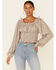 Beyond The Radar Women's Ditsy Smocked Long Sleeve Peasant Crop Top , Brown, hi-res