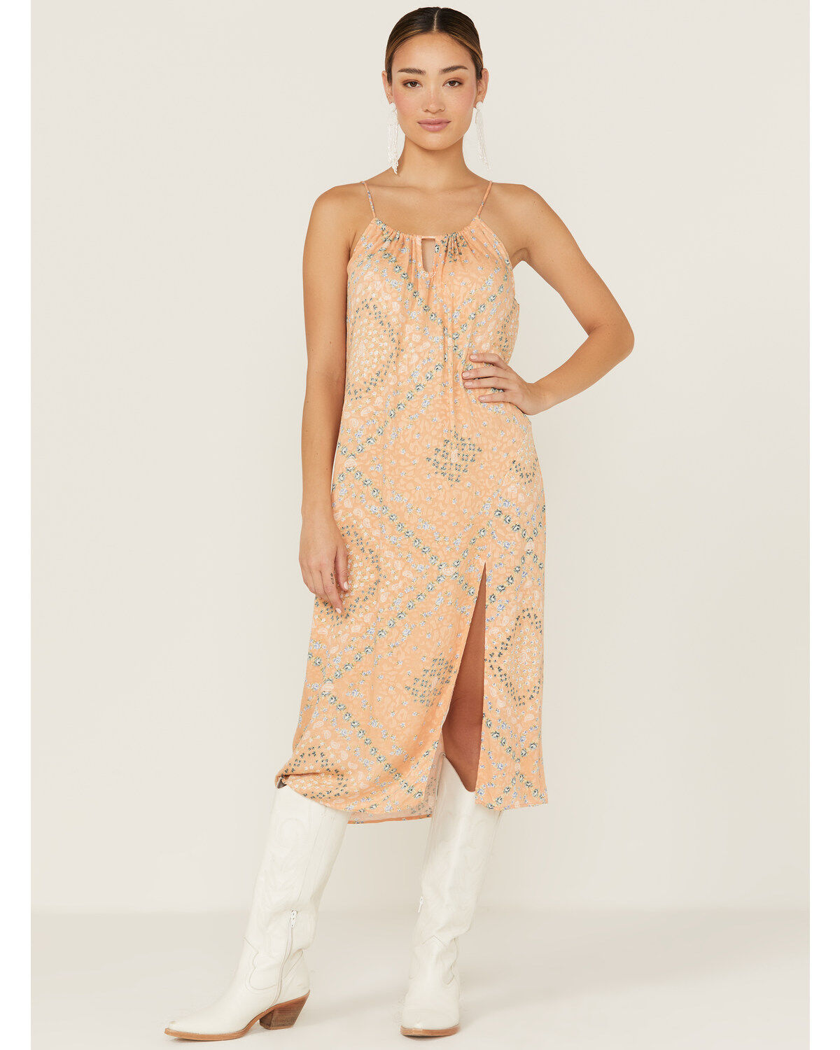Image #1 - Wild Moss Women's Satin Printed Keyhole Slip Midi Dress, Orange, hi-res