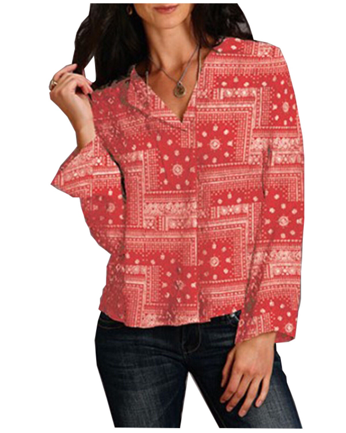 Stetson Women's Bandana Print Long Sleeve Blouse, Red, hi-res
