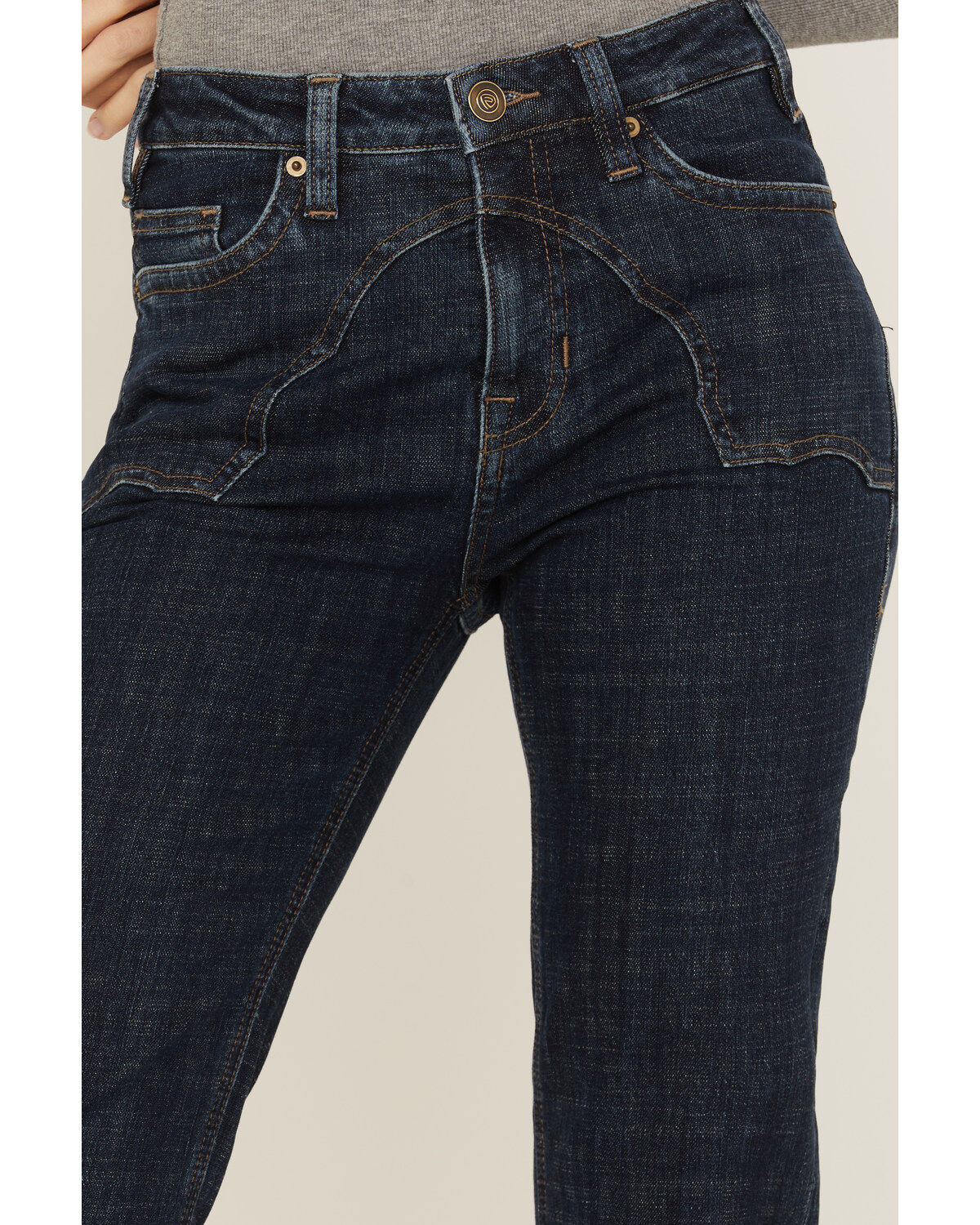 Image #2 - Rock & Roll Denim Women's Yoke Front Flare Jeans, Dark Blue, hi-res