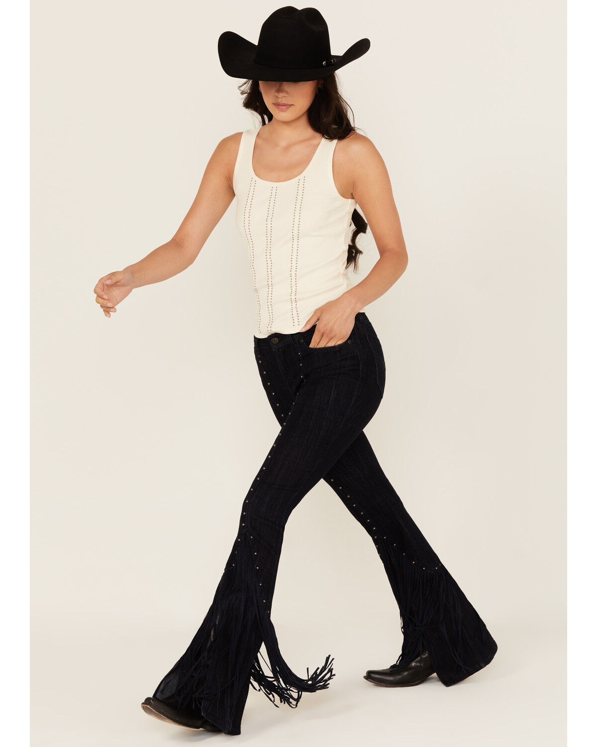 Product Name:  Idyllwind Women's Magnolia Dark Wash Outlaw High Rise Studded Fringe Super Stretch Flare Jeans