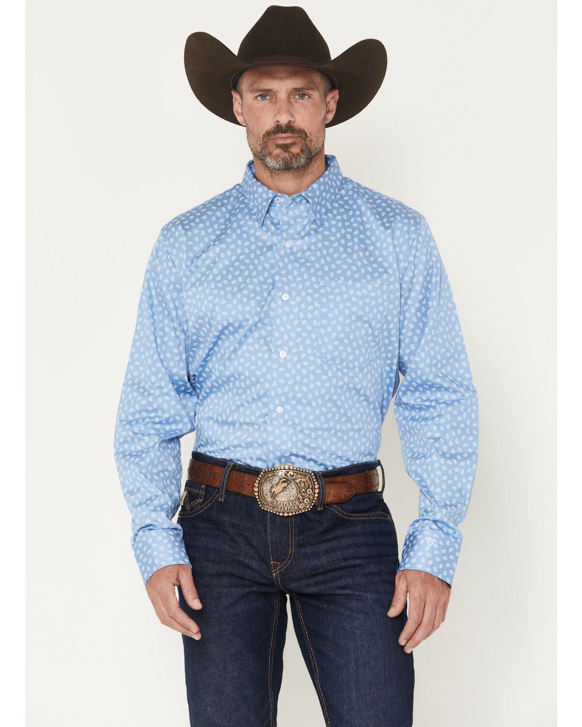 Wrangler X Cody Johnson Men's Geo Print Long Sleeve Button-Down Western Shirt, Blue, hi-res