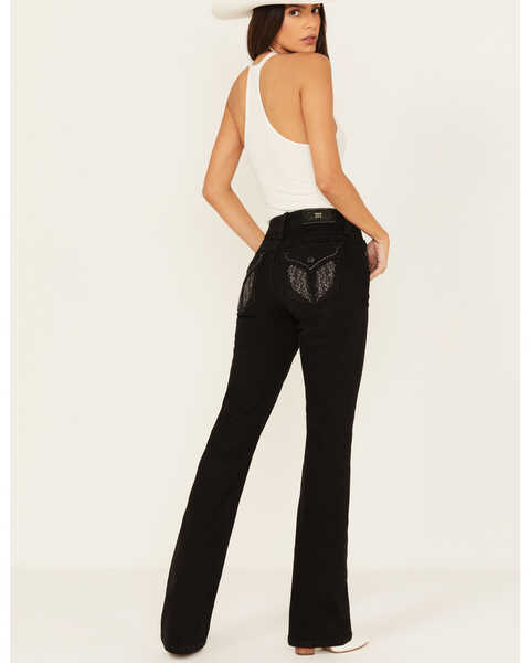Miss Me Women's Mid Rise Downward Wing Pocket Bootcut Stretch Denim Jeans , Black, hi-res