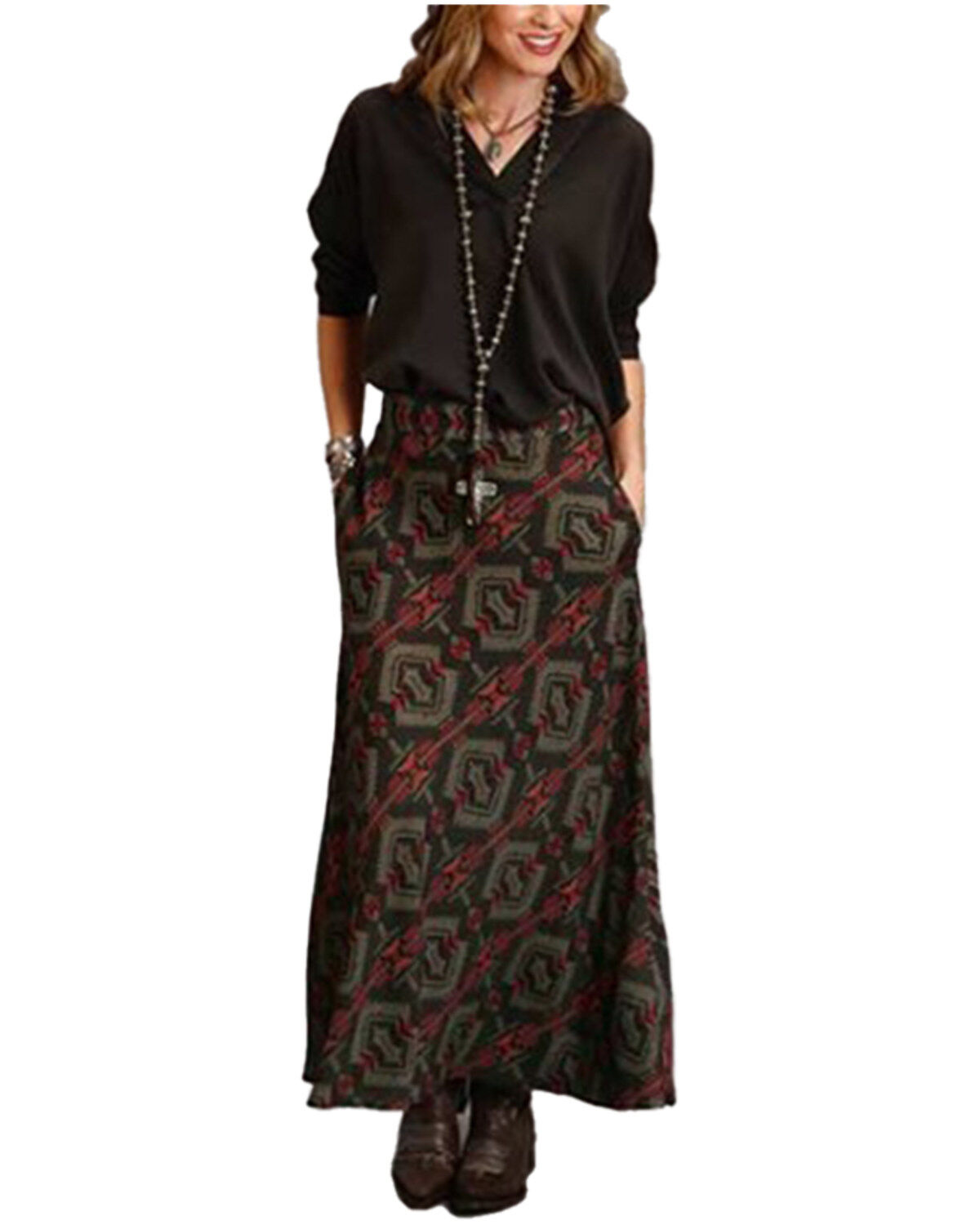 Image #2 - Stetson Women's Rayon Challis Blanket Print Long Cut Skirt, Brown, hi-res
