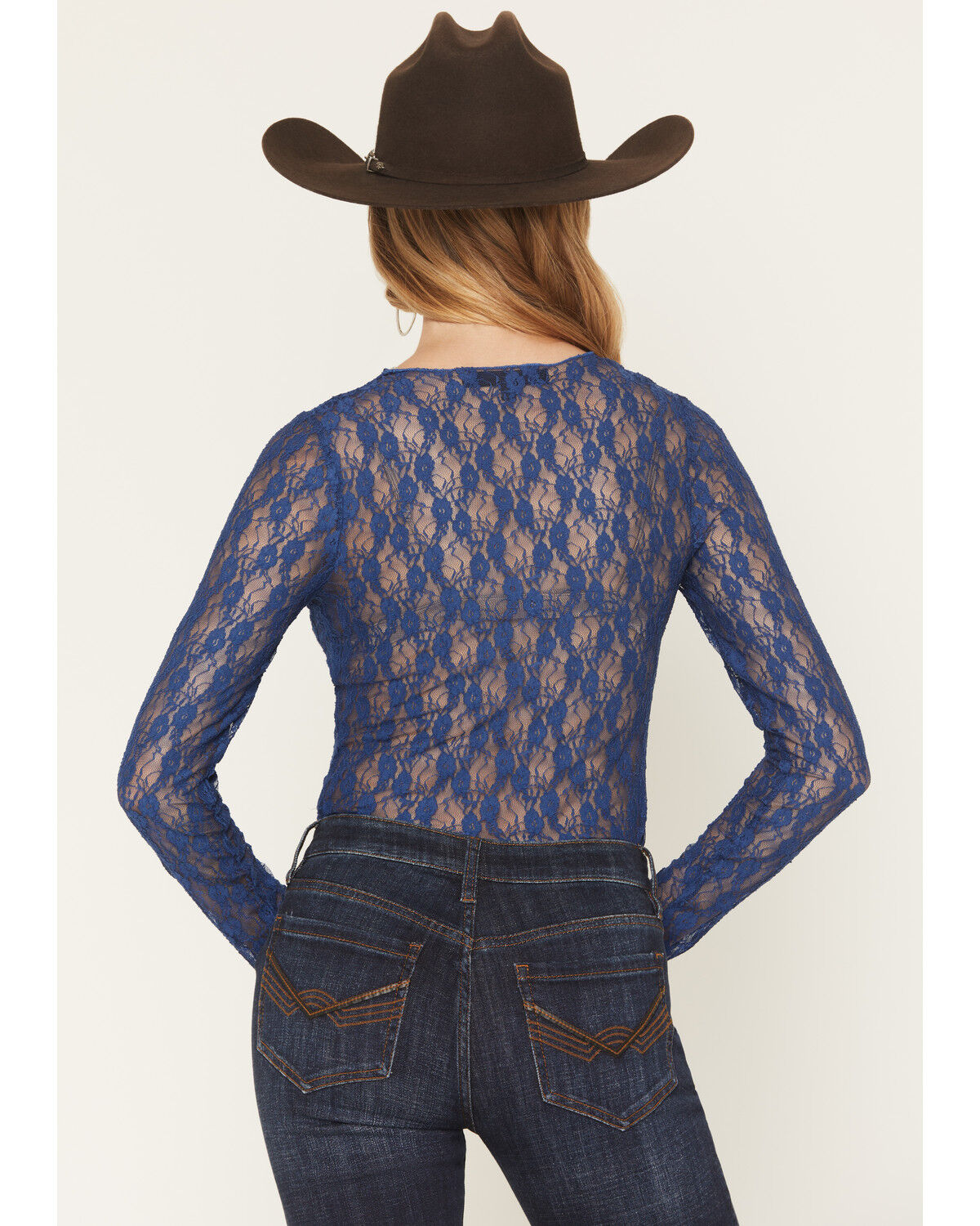 Image #4 - Ash & Violet Women's Solid Lace Long Sleeve Sheer Shirt, Blue, hi-res
