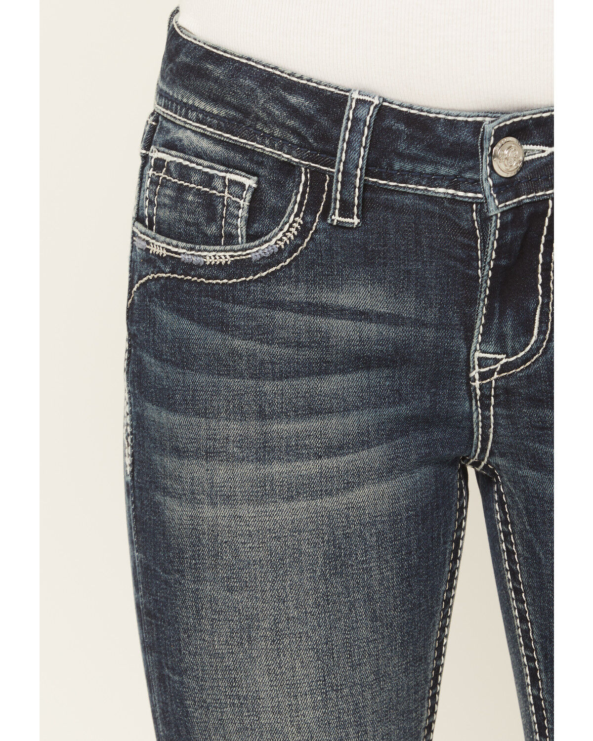 Image #4 - Grace in LA Girls' Dark Wash Floral Pocket Bootcut Stretch Denim Jeans, Dark Wash, hi-res