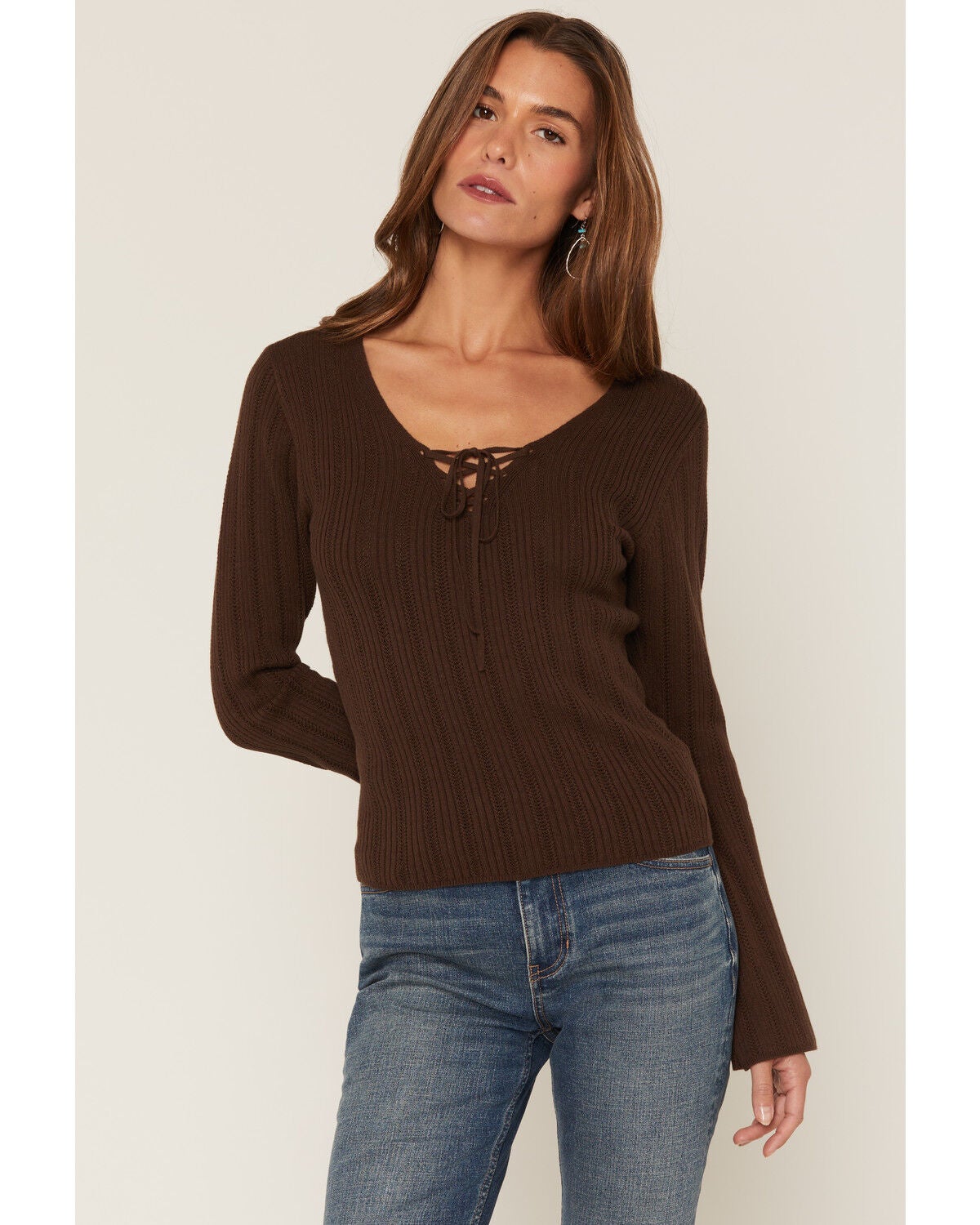 Image #1 - Shyanne Women's Stinner Open V-Neck Sweater, Dark Brown, hi-res