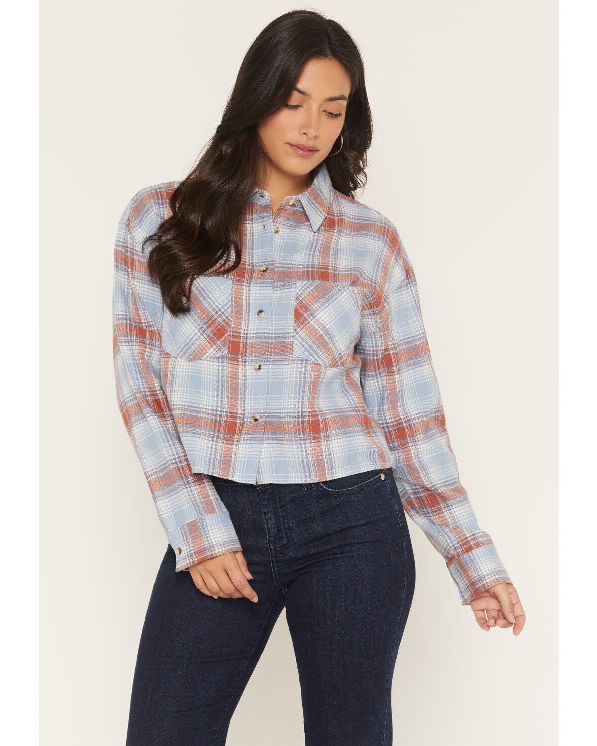Ely Walker Women's Plaid Print Long Sleeve Button-Down Cropped Flannel Shirt, Blue, hi-res