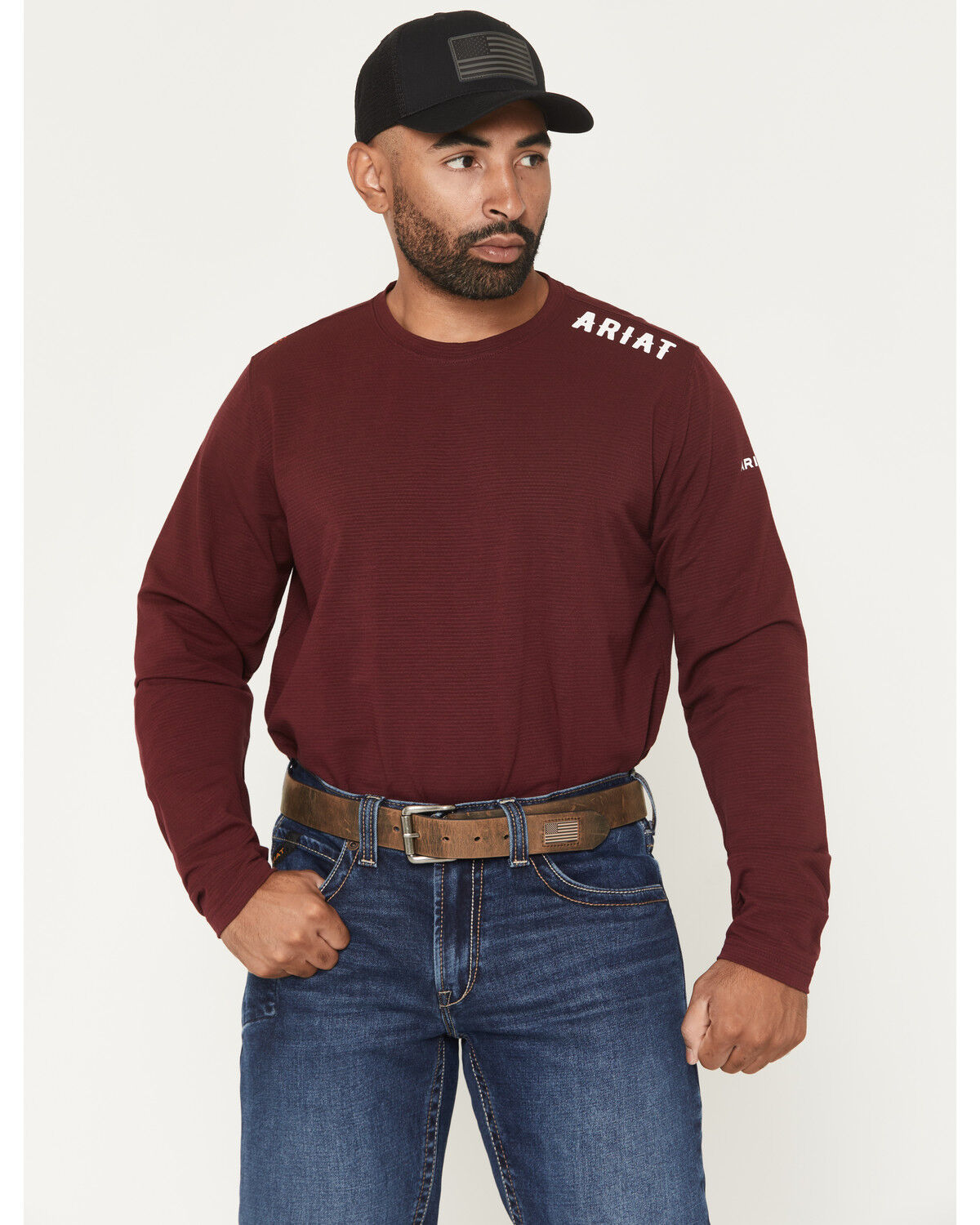 Image #2 - Ariat Men's Boot Barn Exclusive FR Work Hard Live Free Long Sleeve Work T-Shirt, Burgundy, hi-res